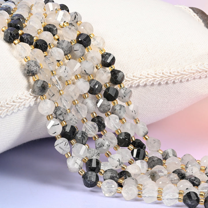Black Rutilated Quartz Faceted Spiral Twist Beads: Size 8mm 10mm, Jewelry Making, 15 inch Strand