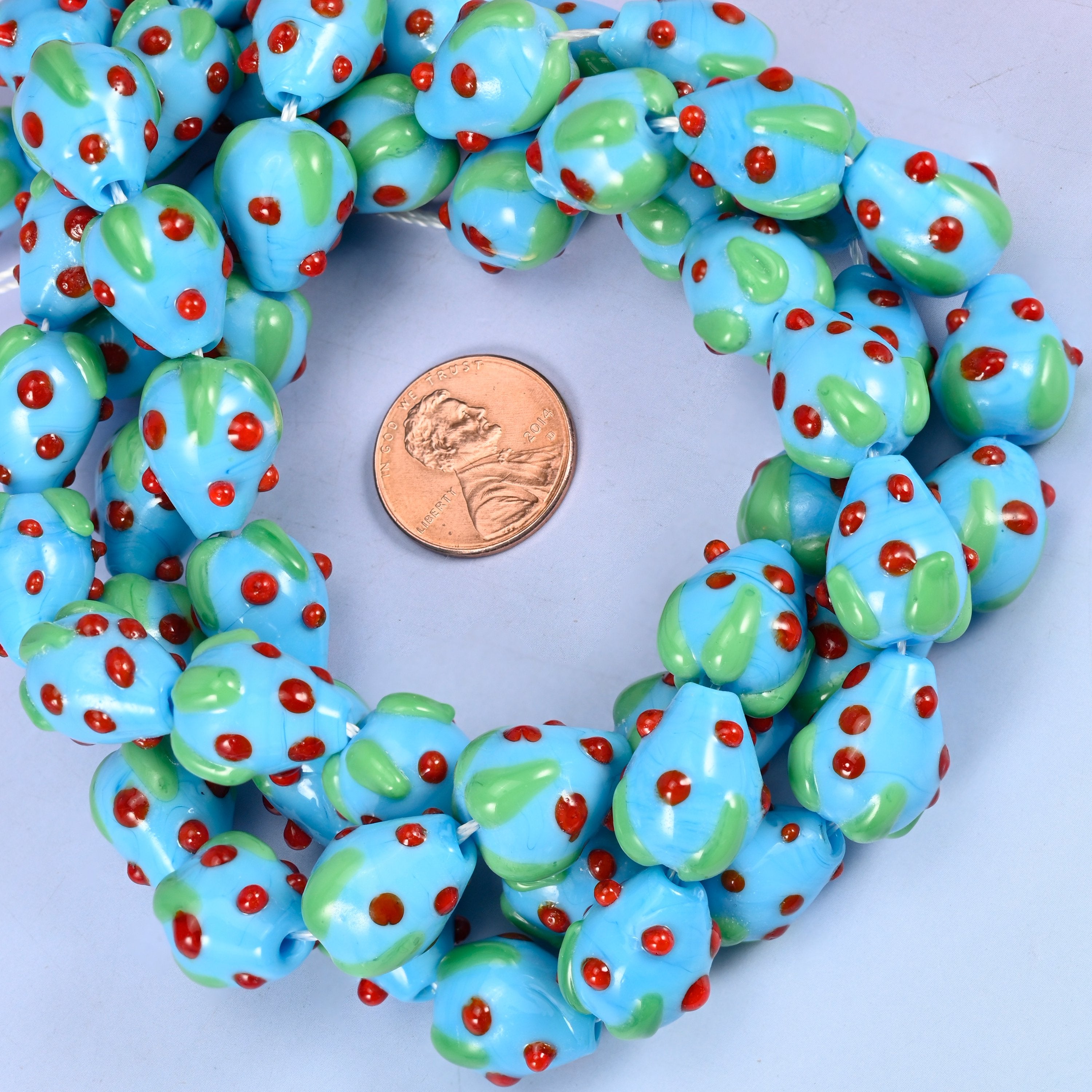 Sky Blue Red Dots Strawberry Glass Beads: Jewelry Making Supply