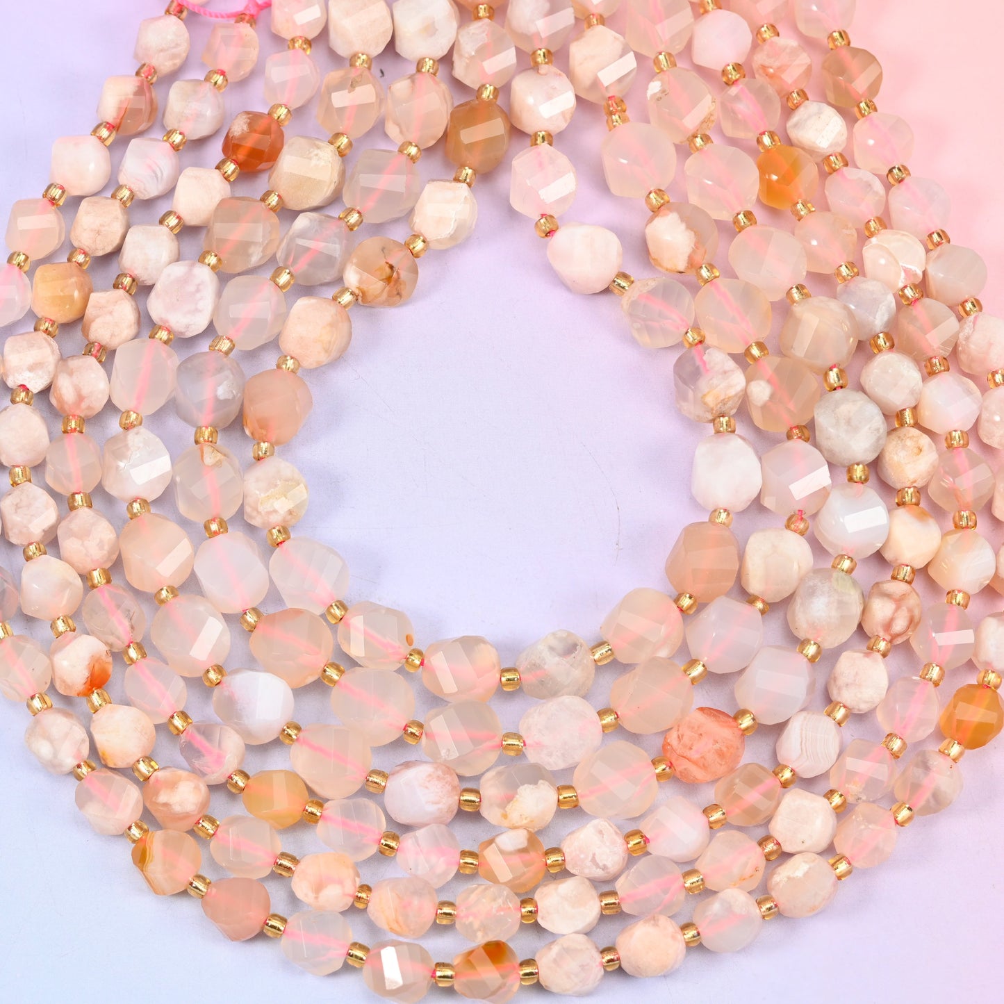 Sakura Flower Agate Faceted Spiral Twist Beads: Size 8mm 10mm, Jewelry Making, 15 inch Strand