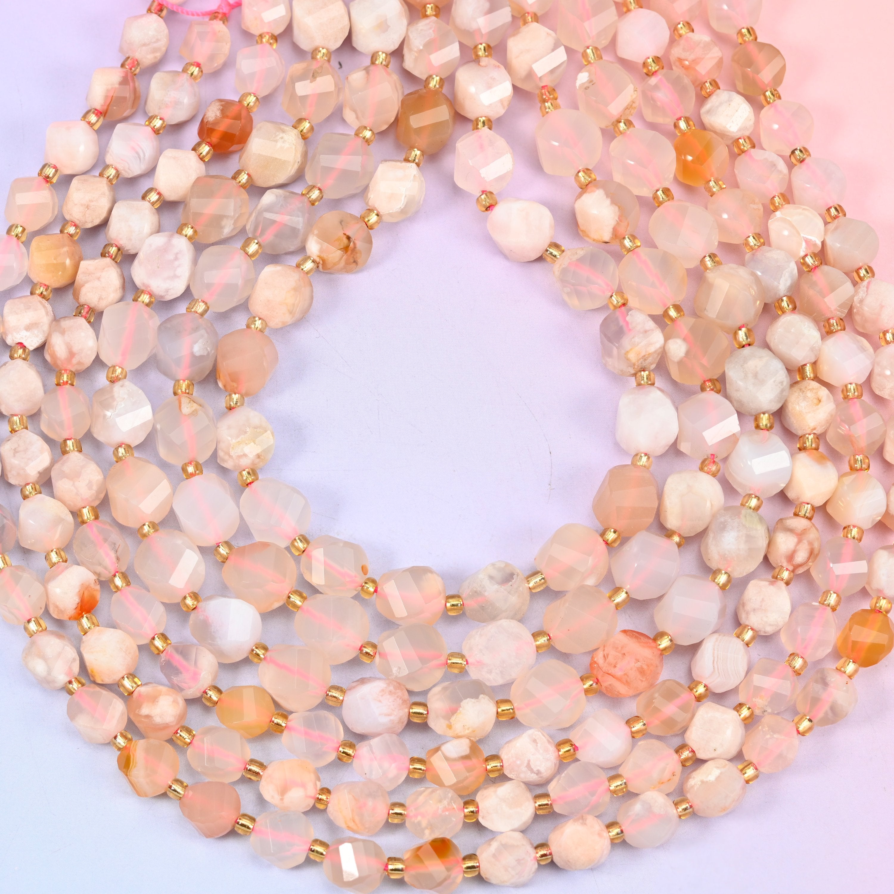 Sakura Flower Agate Faceted Spiral Twist Beads: Size 8mm 10mm, Jewelry Making, 15 inch Strand