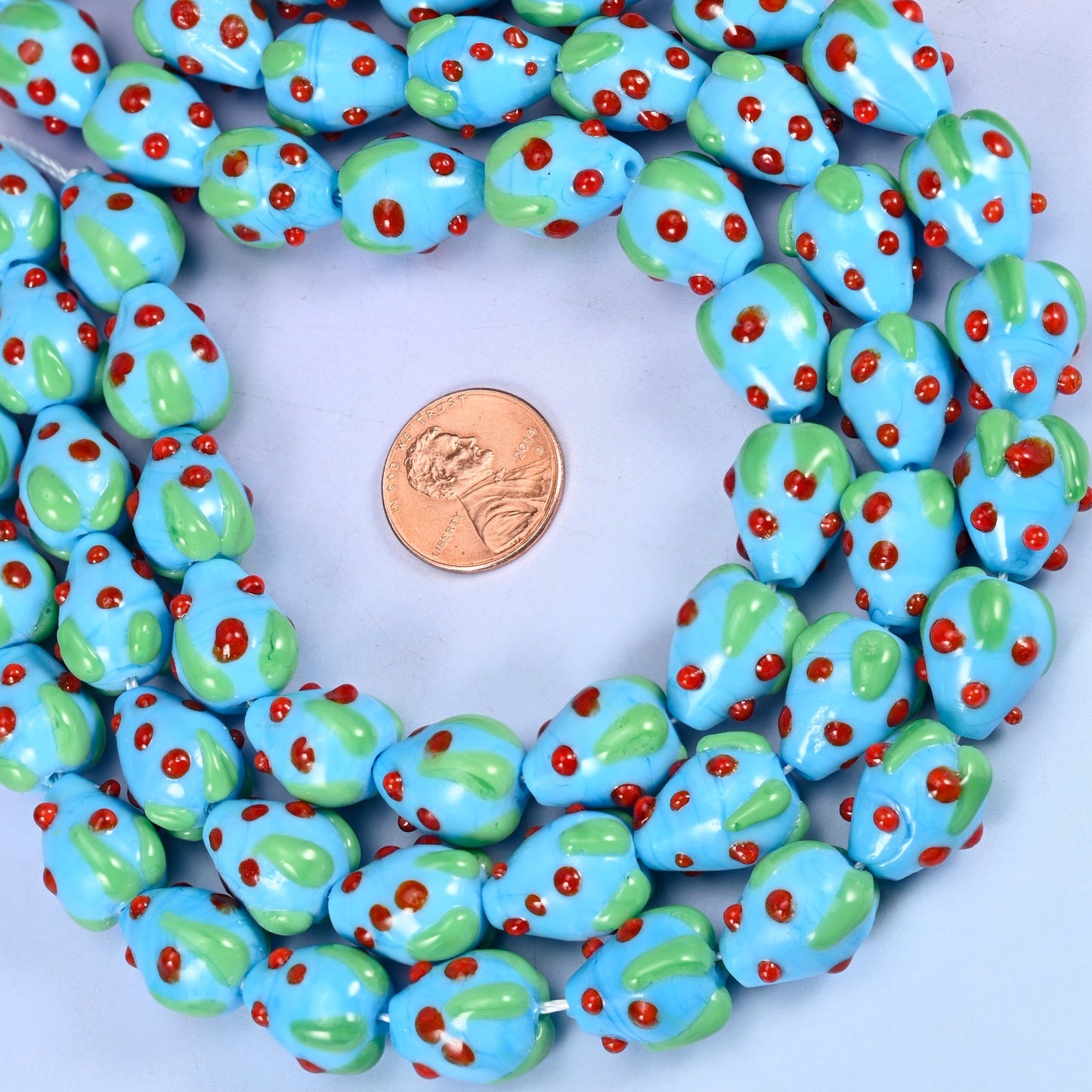 Sky Blue Red Dots Strawberry Glass Beads: Jewelry Making Supply
