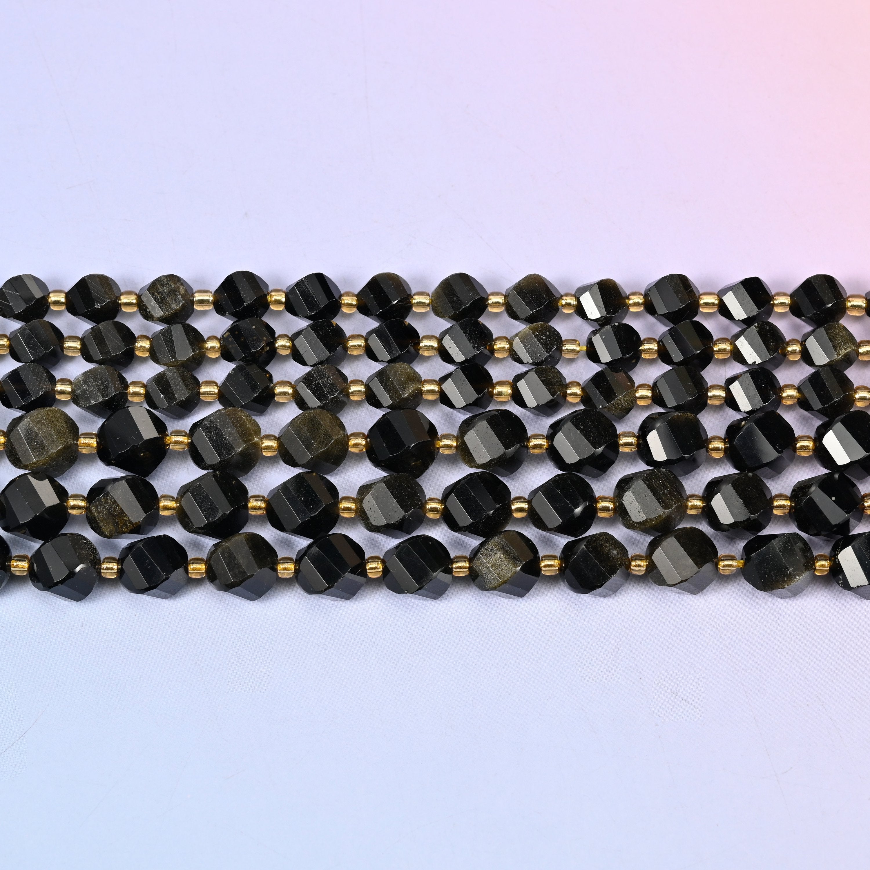 Gold Obsidian Faceted Spiral Twist Beads: Size 8mm 10mm, Jewelry Making, 15 inch Strand