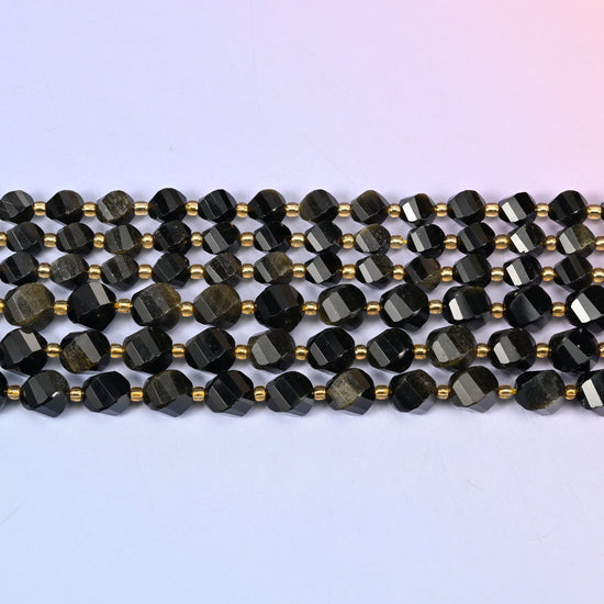 Gold Obsidian Faceted Spiral Twist Beads: Size 8mm 10mm, Jewelry Making, 15 inch Strand