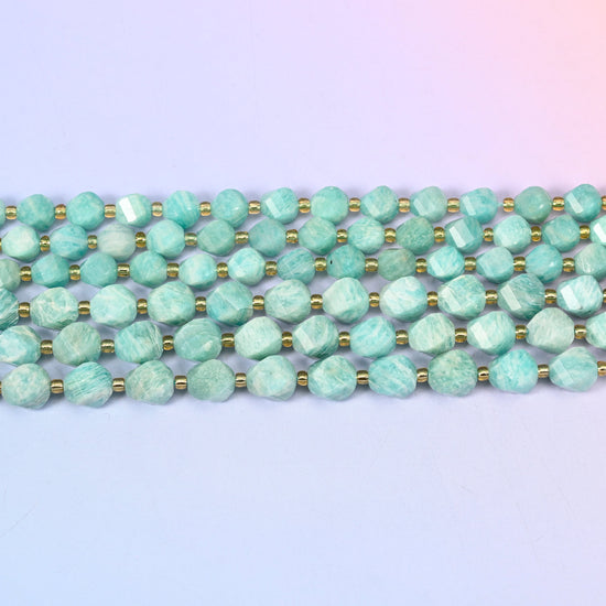 Green Amazonite Faceted Spiral Twist Beads: Size 8mm 10mm, Jewelry Making, 15 inch Strand