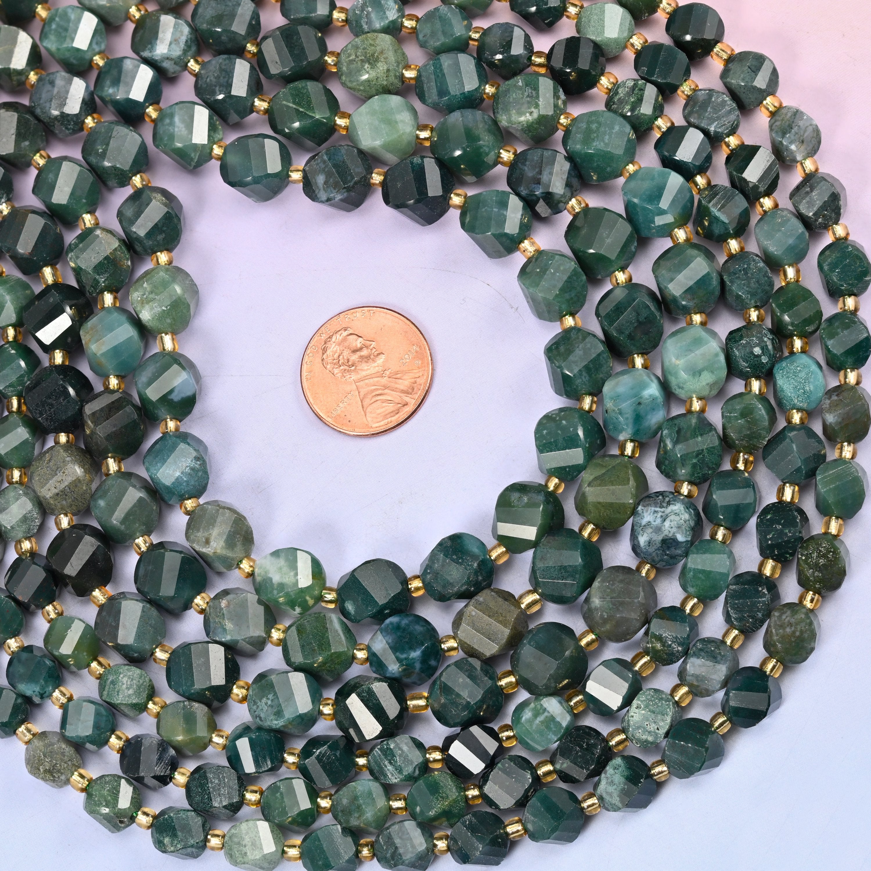 Moss Agate Faceted Spiral Twist Beads: Size 8mm 10mm, Jewelry Making, 15 inch Strand