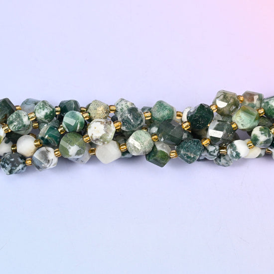 Tree Agate Faceted Spiral Twist Beads: Size 8mm 10mm, Jewelry Making, 15 inch Strand