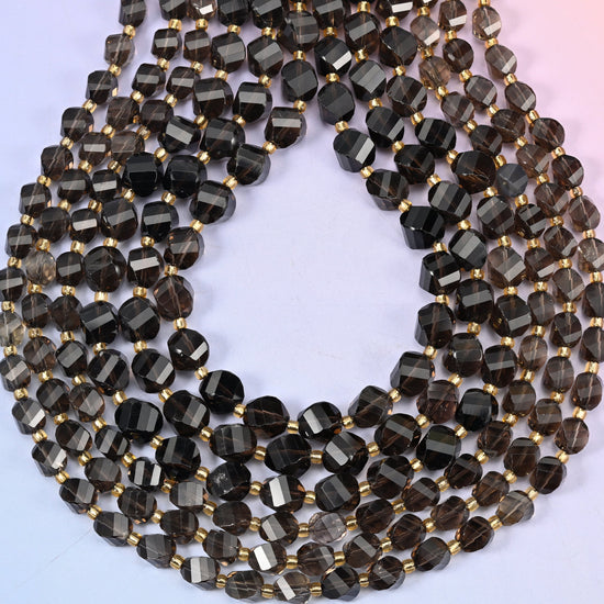 Smoky Quartz Faceted Spiral Twist Beads: Size 8mm 10mm, Jewelry Making, 15 inch Strand