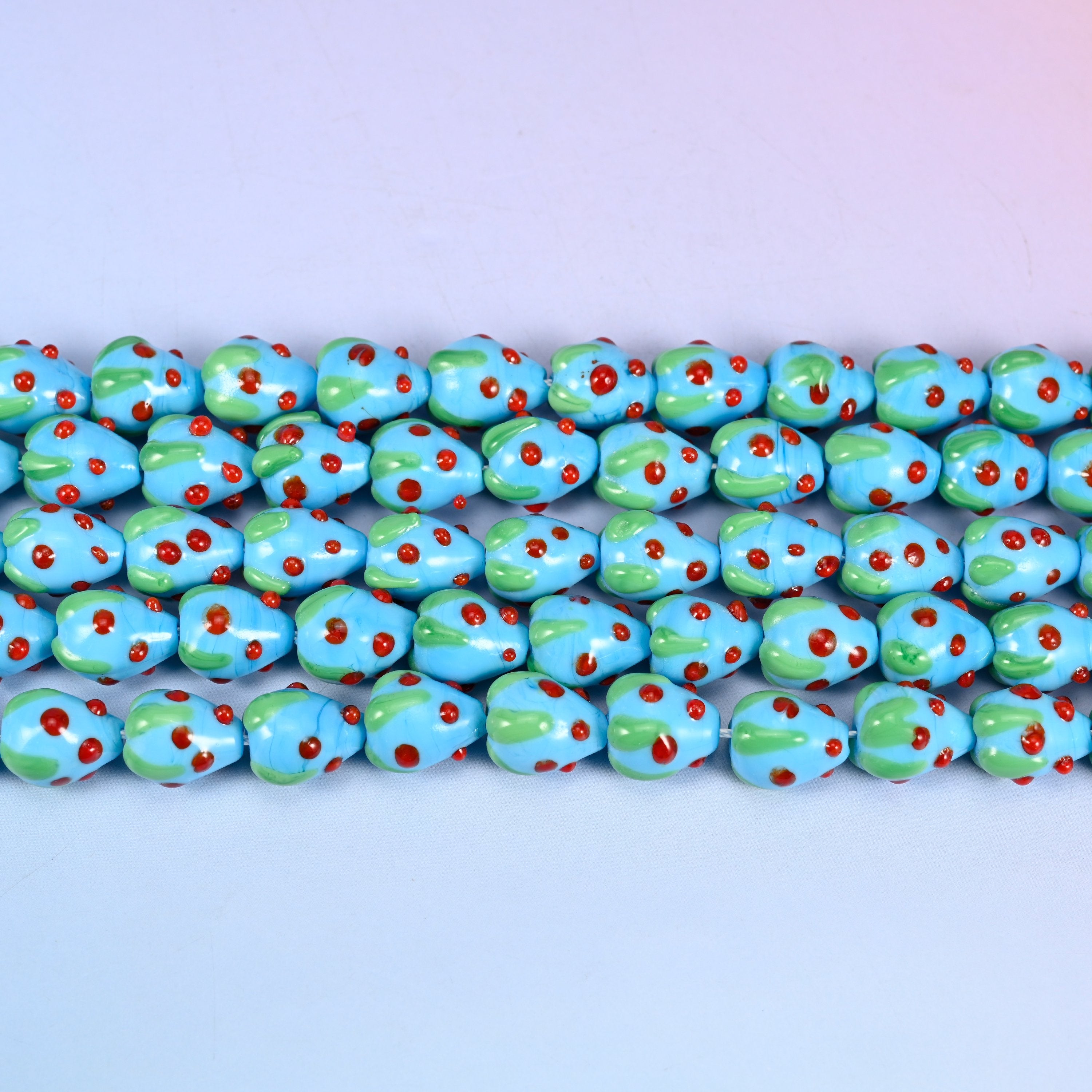 Sky Blue Red Dots Strawberry Glass Beads: Jewelry Making Supply