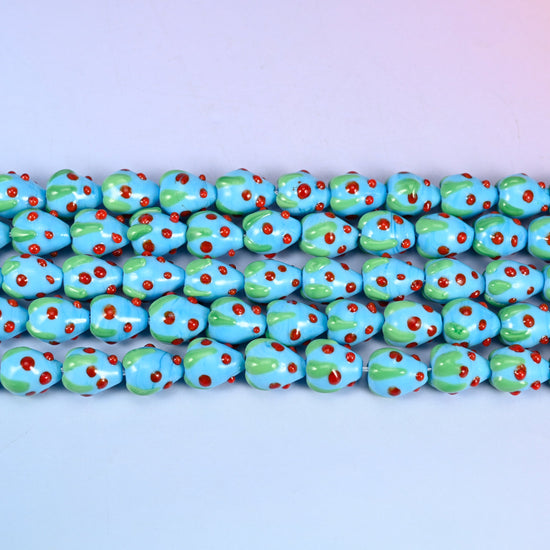 Sky Blue Red Dots Strawberry Glass Beads: Jewelry Making Supply