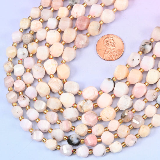 Pink Opal Faceted Spiral Twist Beads: Size 8mm 10mm, Jewelry Making, 15 inch Strand
