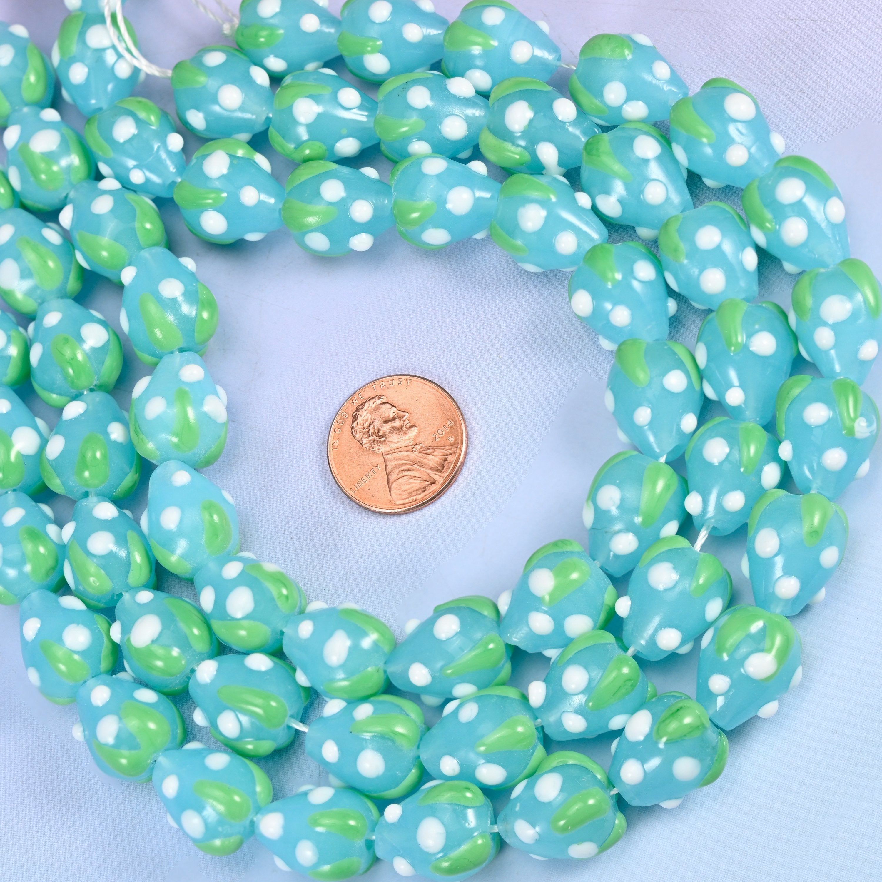 Blue White Dots Strawberry Glass Beads: Jewelry Making Supply