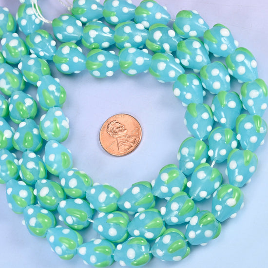 Blue White Dots Strawberry Glass Beads: Jewelry Making Supply