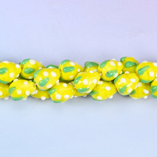 Yellow White Dots Strawberry Glass Beads: Jewelry Making Supply