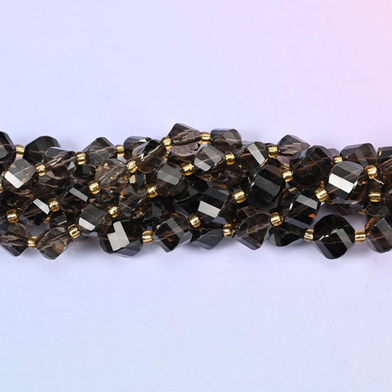 Smoky Quartz Faceted Spiral Twist Beads: Size 8mm 10mm, Jewelry Making, 15 inch Strand