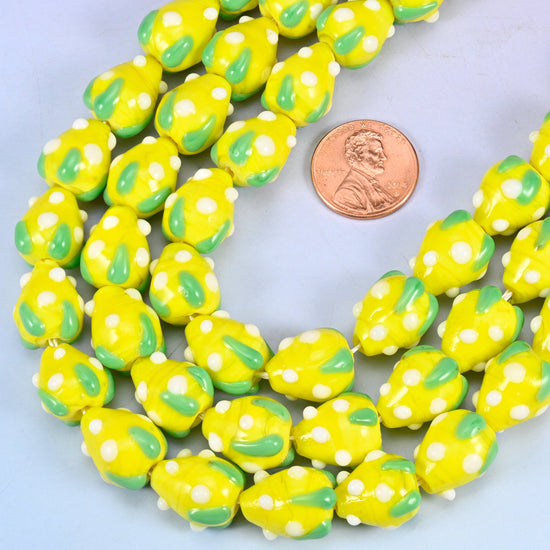 Yellow White Dots Strawberry Glass Beads: Jewelry Making Supply