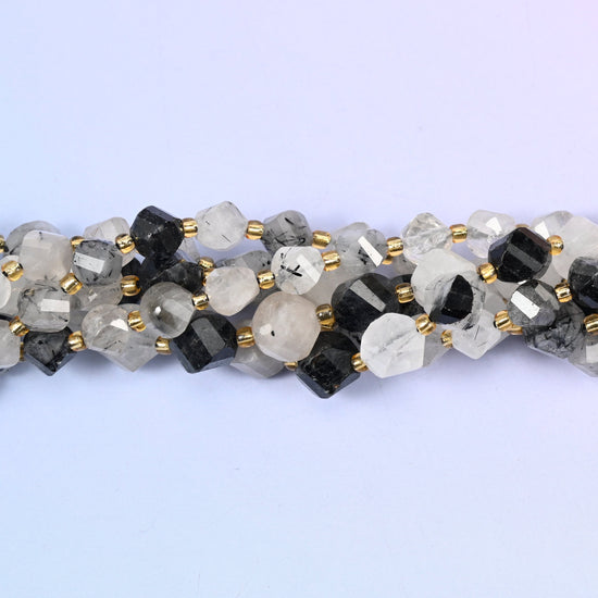 Black Rutilated Quartz Faceted Spiral Twist Beads: Size 8mm 10mm, Jewelry Making, 15 inch Strand