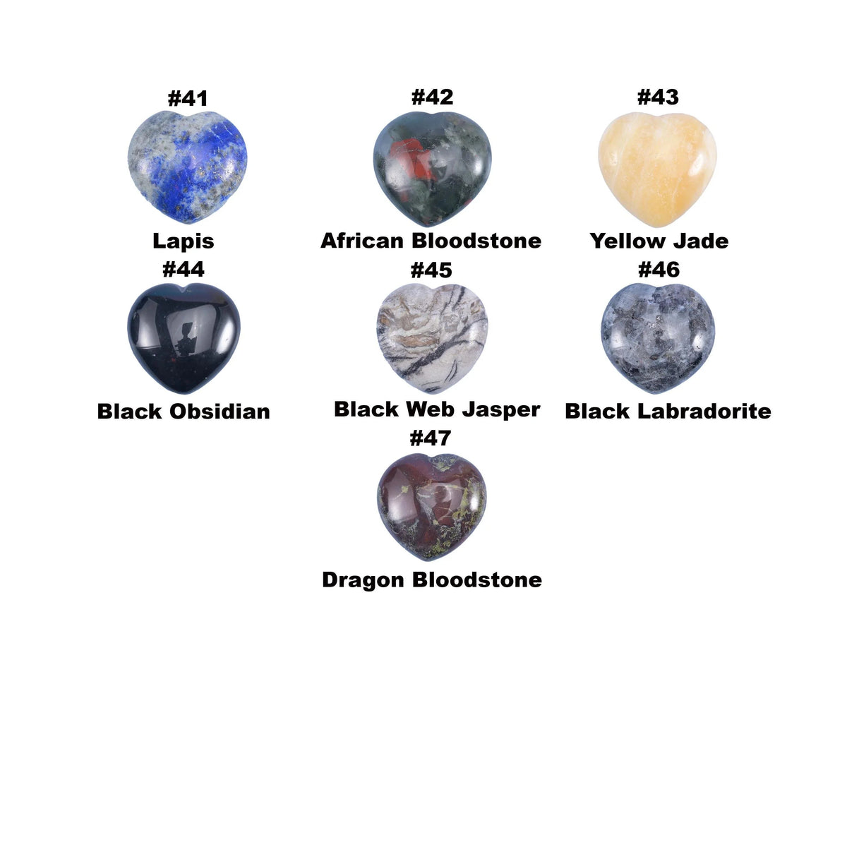 Chart of 30mm polished gemstone hearts numbered 41 to 47, each labelled with its stone name