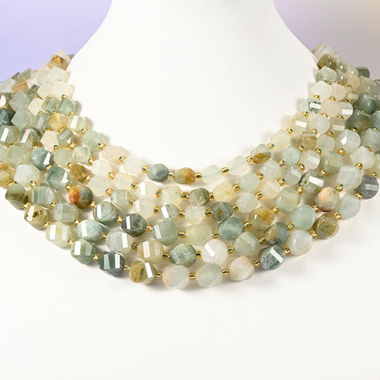 Green Grass Silk Stone Faceted Spiral Twist Beads: Size 8mm 10mm, Jewelry Making, 15 inch Strand