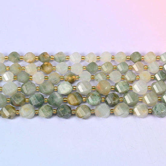 Green Grass Silk Stone Faceted Spiral Twist Beads: Size 8mm 10mm, Jewelry Making, 15 inch Strand