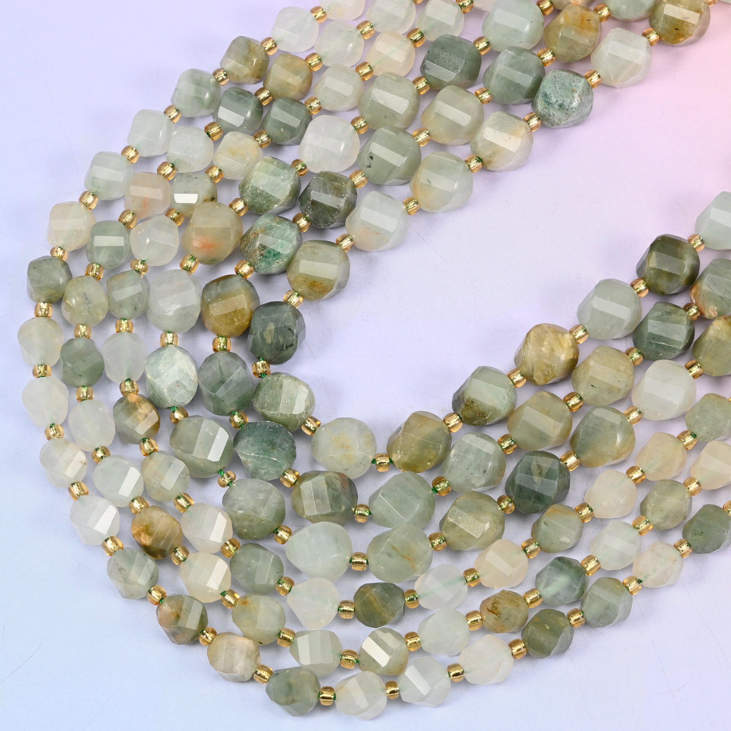 Green Grass Silk Stone Faceted Spiral Twist Beads: Size 8mm 10mm, Jewelry Making, 15 inch Strand