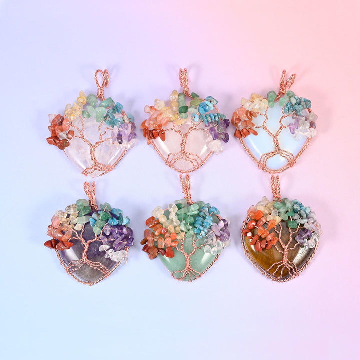 Heart Gemstone Pendants with Copper Wired Chakra Tree of Life