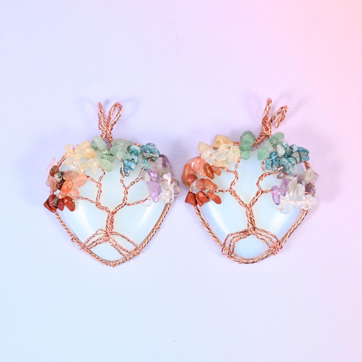 Heart Gemstone Pendants with Copper Wired Chakra Tree of Life
