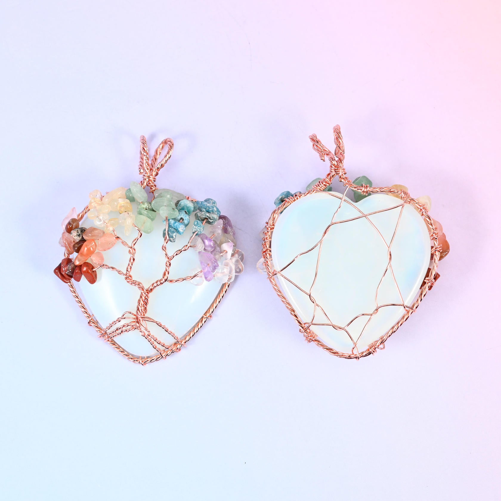 Heart Gemstone Pendants with Copper Wired Chakra Tree of Life