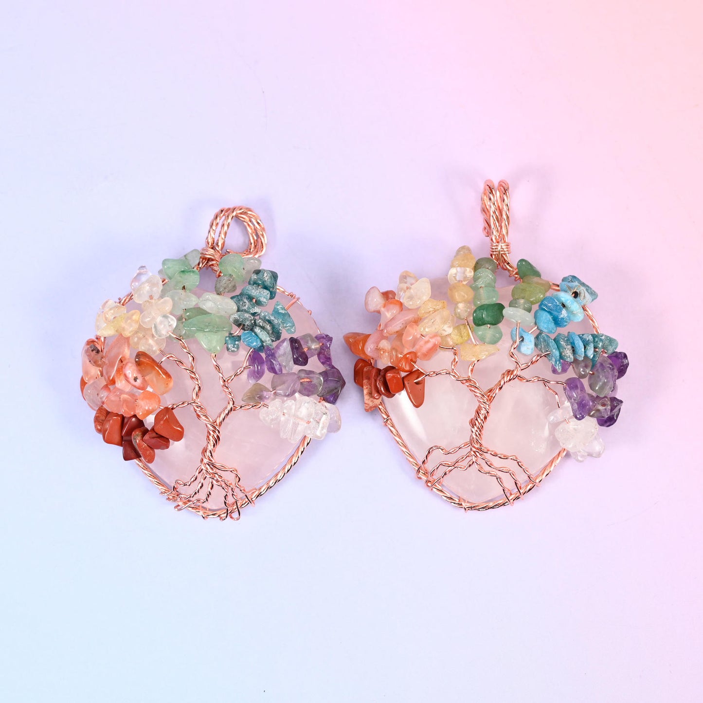 Heart Gemstone Pendants with Copper Wired Chakra Tree of Life
