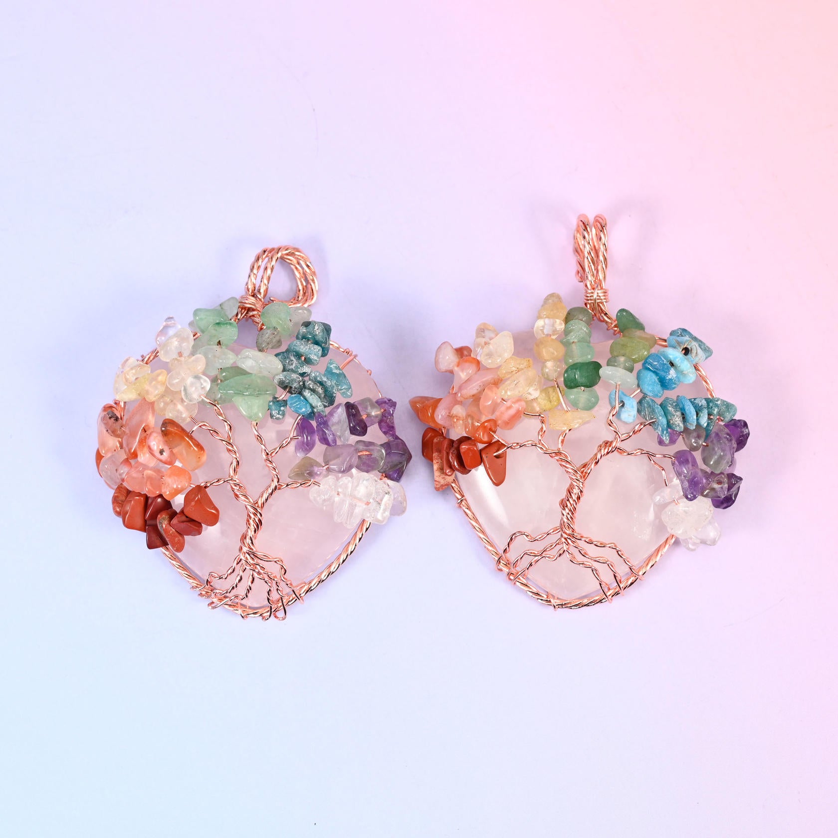 Heart Gemstone Pendants with Copper Wired Chakra Tree of Life
