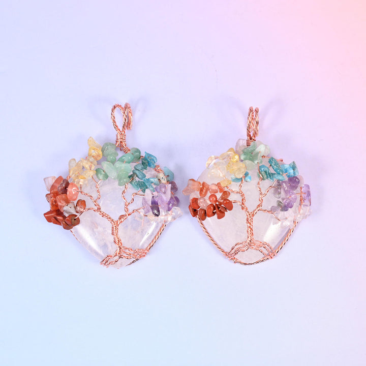 Heart Gemstone Pendants with Copper Wired Chakra Tree of Life