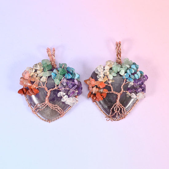Heart Gemstone Pendants with Copper Wired Chakra Tree of Life