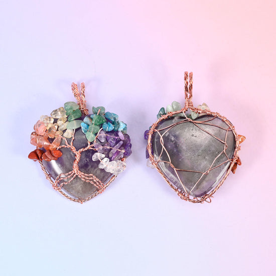 Heart Gemstone Pendants with Copper Wired Chakra Tree of Life