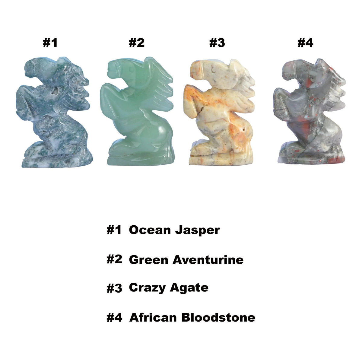 Numbered reference chart showing the four horse carvings in the assortment: 1 Ocean Jasper, 2 Green Aventurine, 3 Crazy Agate, 4 African Bloodstone