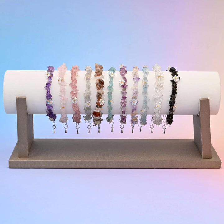 Natural Chip Gemstone Bead with Flower Bracelet, Silver Plated Lobster Clasp adjustable Bead Bracelets, Gift for Her - Mycrazycrystal