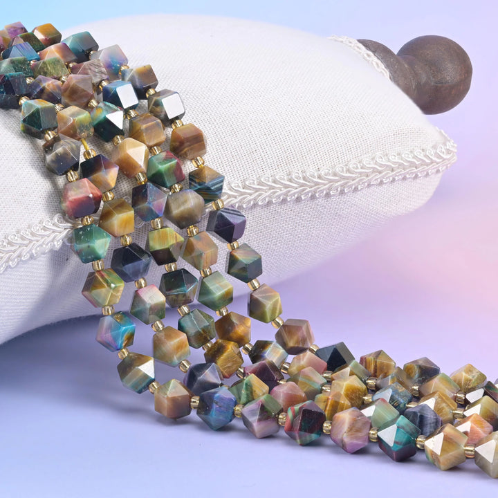 Colorful Galaxy Tiger Eye Faceted Diamond Rhombus Beads - Size 10mm - Jewelry Making Beads - 15.5 Inches Per Strand - Mycrazycrystal