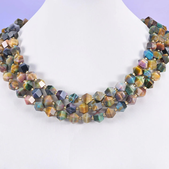 Colorful Galaxy Tiger Eye Faceted Diamond Rhombus Beads - Size 10mm - Jewelry Making Beads - 15.5 Inches Per Strand - Mycrazycrystal