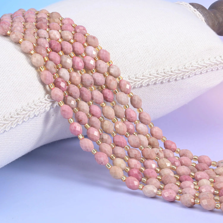 Pink Rhodonite Faceted Rice Barrel Beads