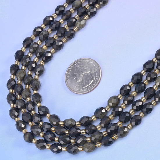 Gold Obsidian Faceted Rice Barrel Beads