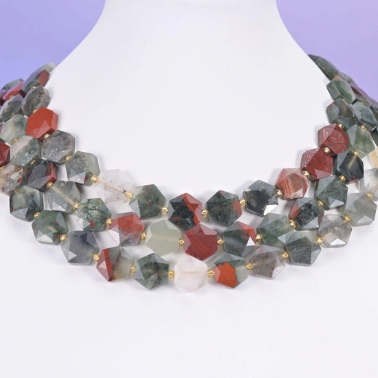 African Bloodstone Flat Faceted Hexagon Beads Size 12mm Jewelry Making 15.5 Inch Strand