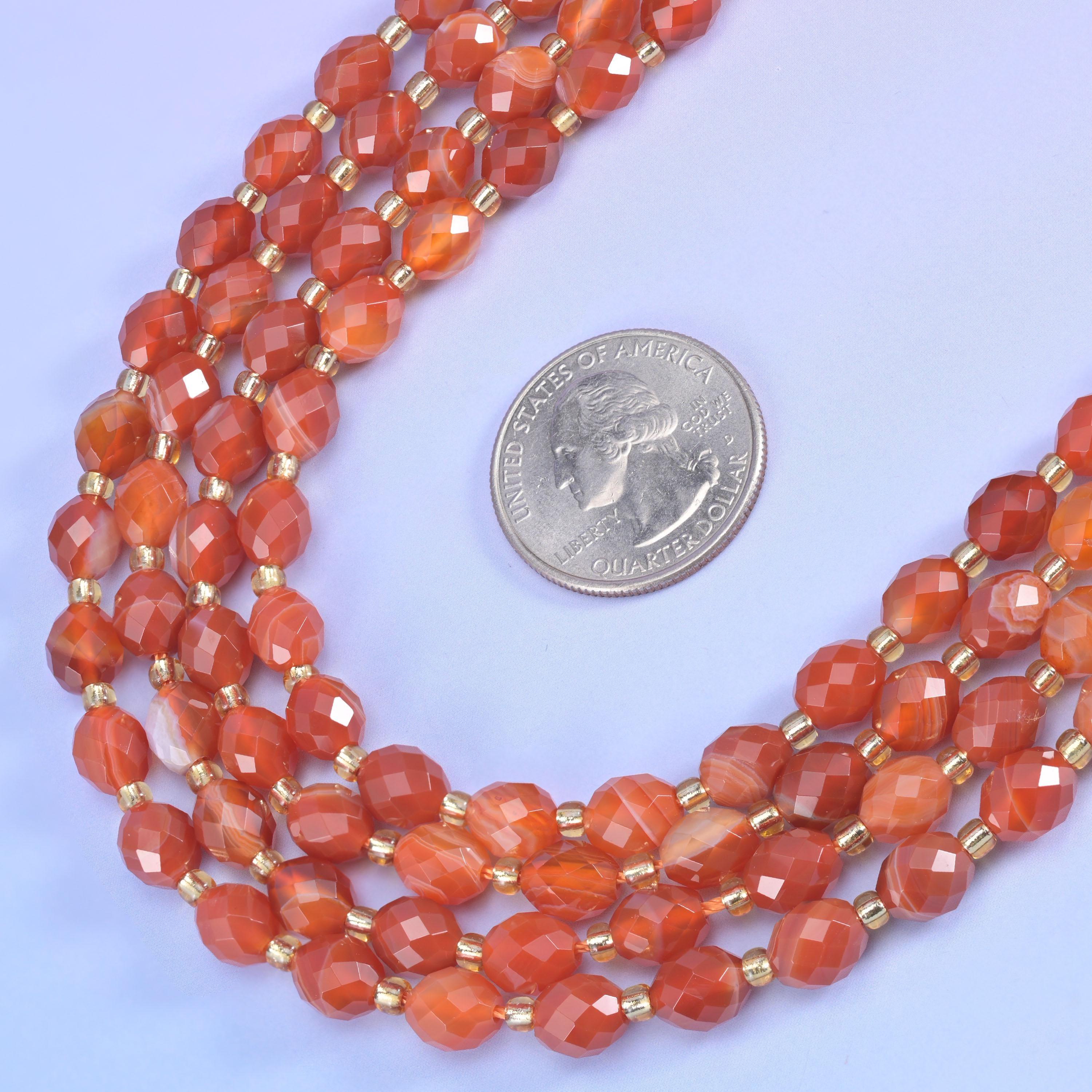 Dyed Red Strip Agate Faceted Rice Barrel Beads