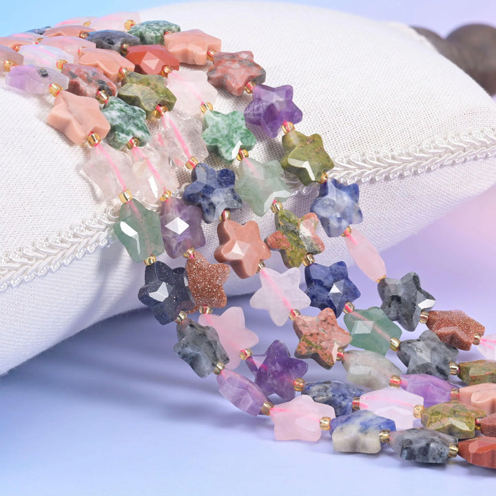 Colorful Assorted Gemstone Faceted Star Beads Size 14mm Jewelry Making 15.5 Inch Strand