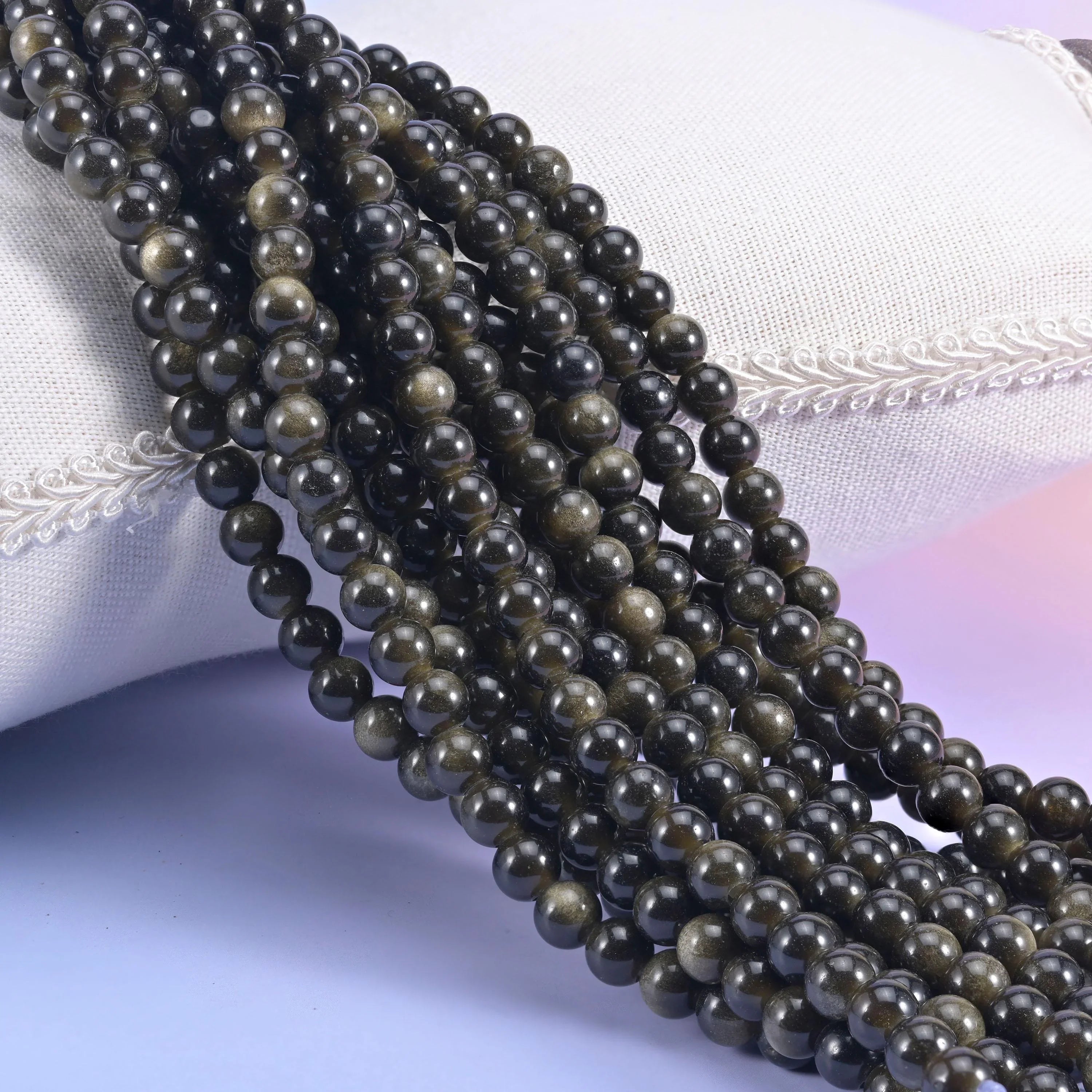 2-2.5mm Hole Gold Obsidian Smooth Round Beads 6mm 8mm 10mm Jewelry Making 8 Inch Strand