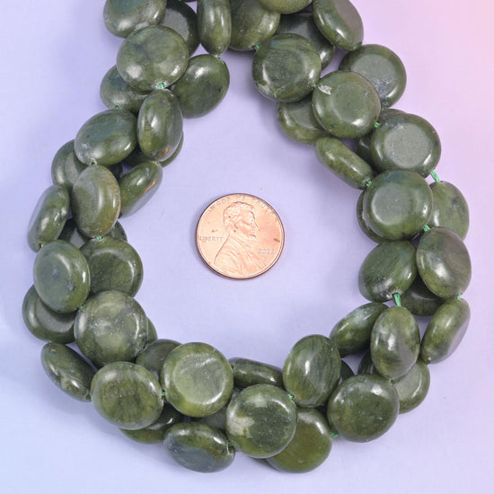 South Green Jade Smooth Coin Beads Size 15mm Jewelry Making 15 Inch Strand