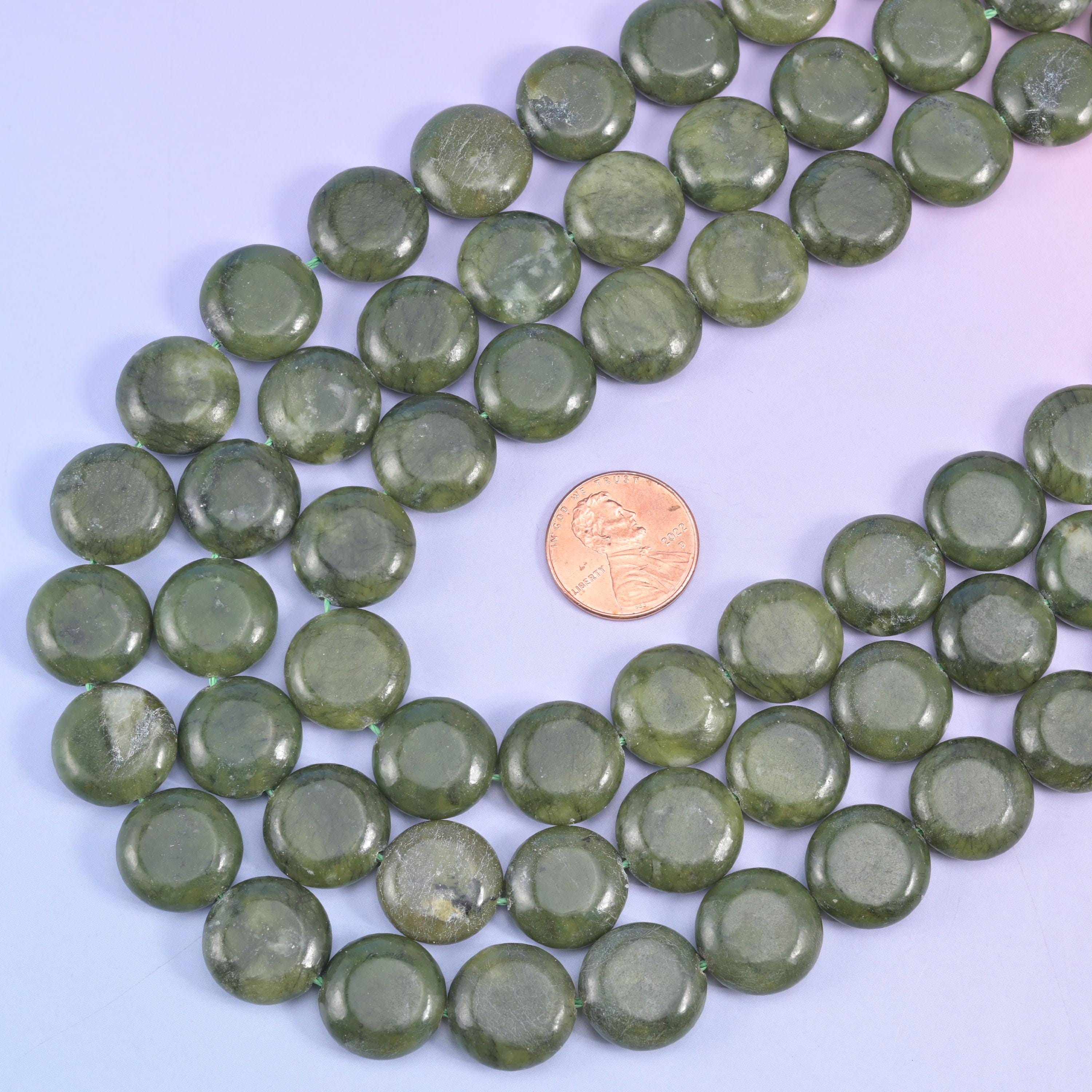 South Green Jade Smooth Coin Beads Size 15mm Jewelry Making 15 Inch Strand