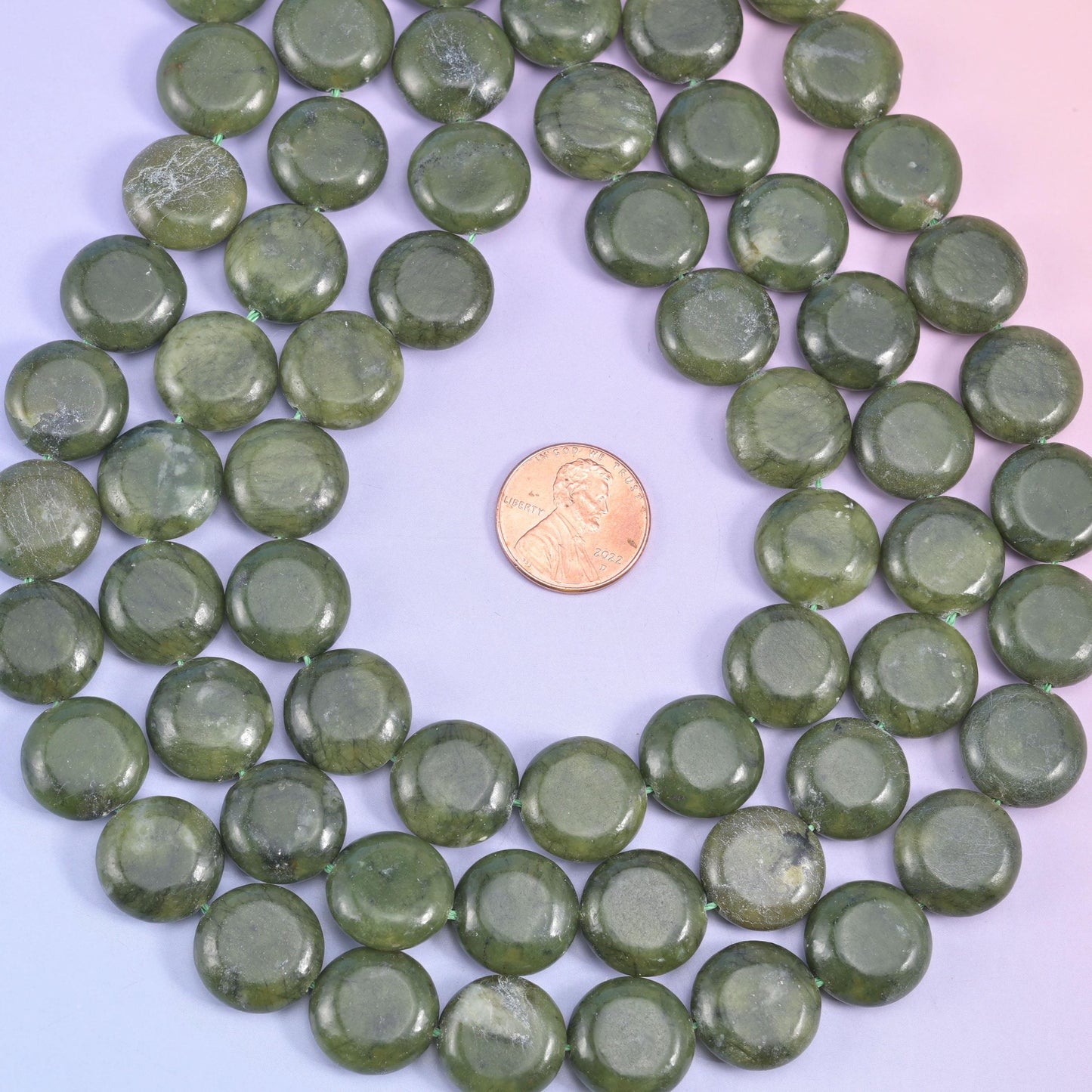 South Green Jade Smooth Coin Beads Size 15mm Jewelry Making 15 Inch Strand