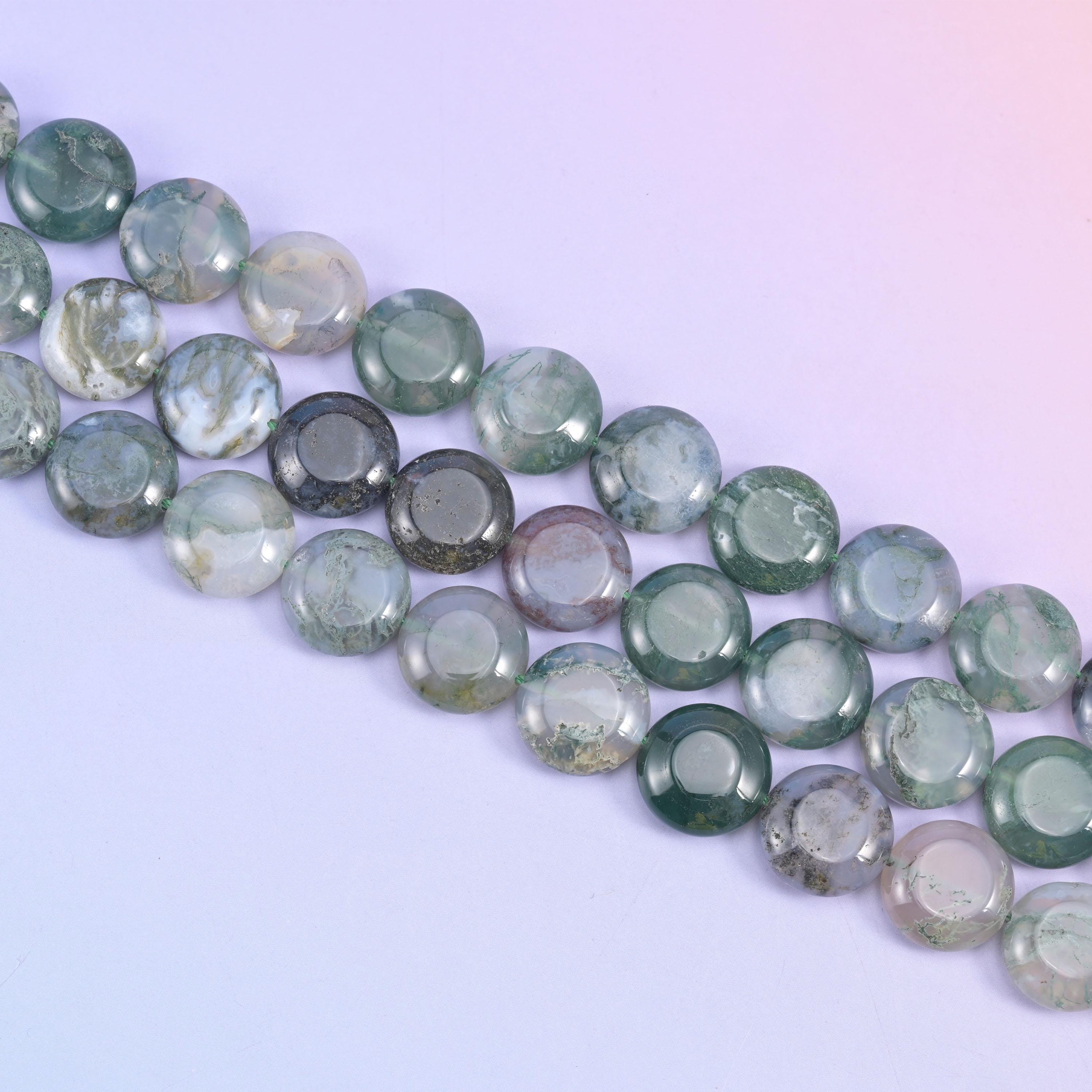 Moss Agate Smooth Coin Beads Size 15mm Jewelry Making 15 Inch Strand