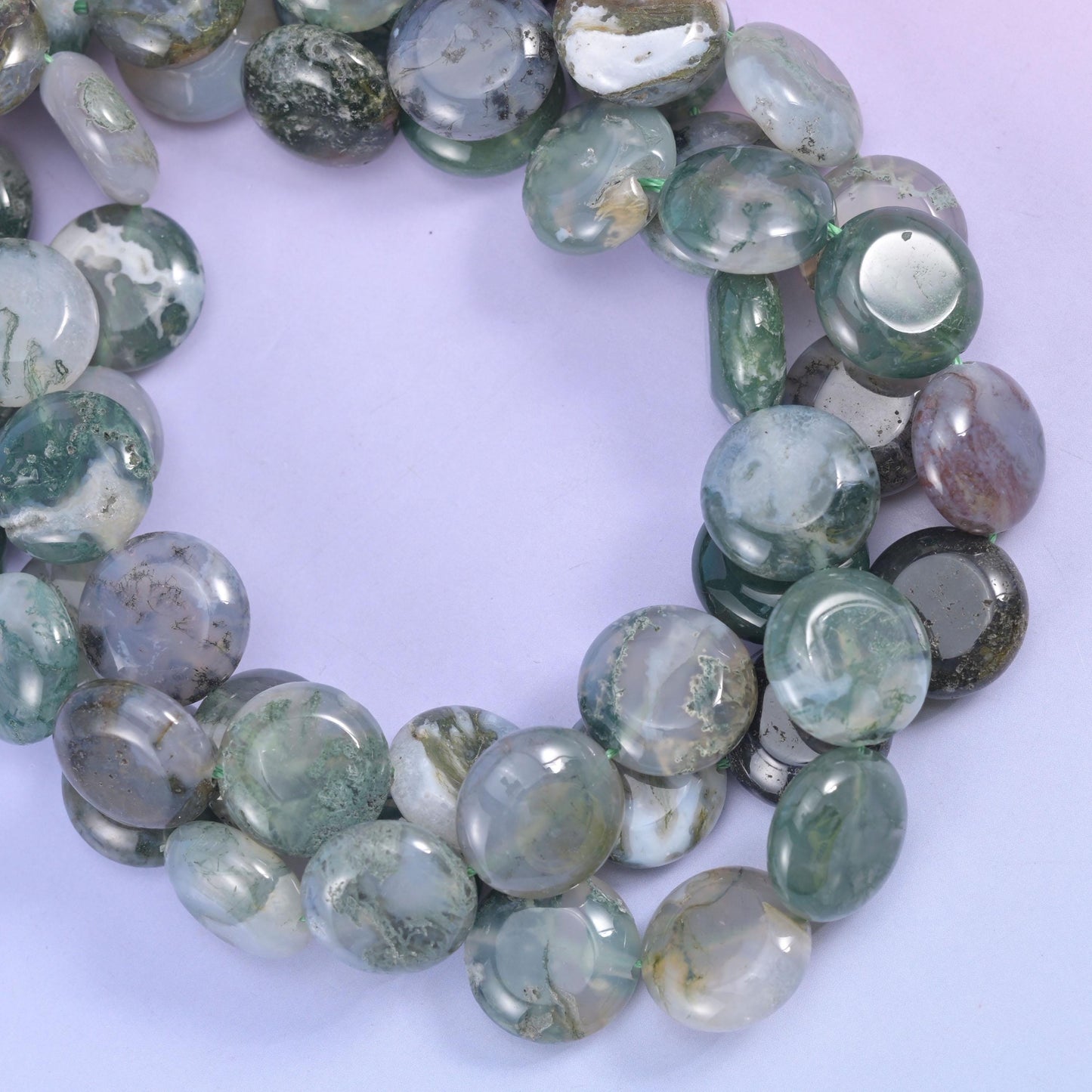 Moss Agate Smooth Coin Beads Size 15mm Jewelry Making 15 Inch Strand