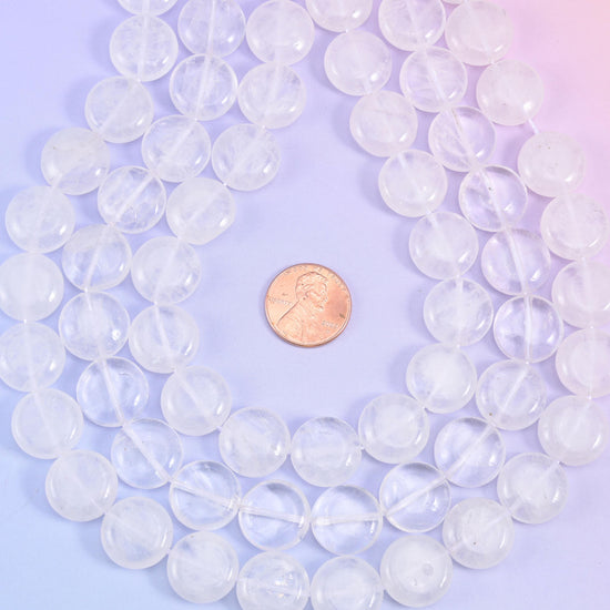 Clear Quartz Smooth Coin Beads Size 15mm Jewelry Making 15 Inch Strand