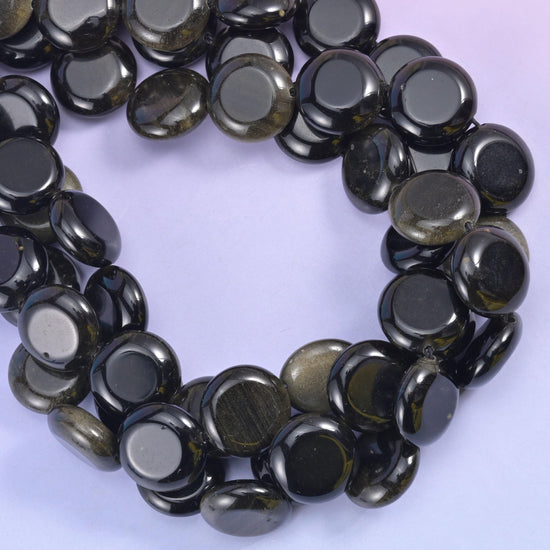 Gold Obsidian Smooth Coin Beads Size 15mm Jewelry Making 15 Inch Strand