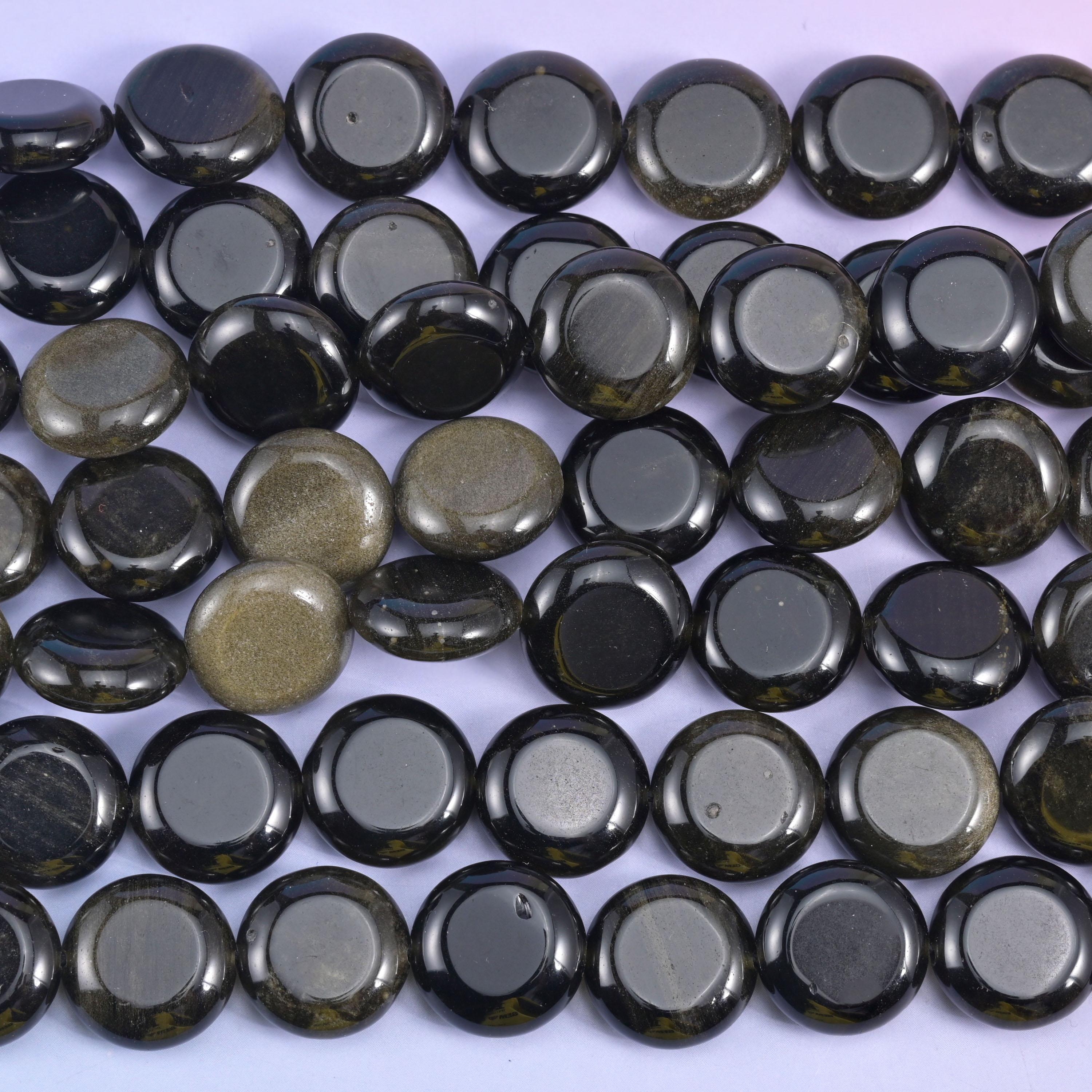 Gold Obsidian Smooth Coin Beads Size 15mm Jewelry Making 15 Inch Strand